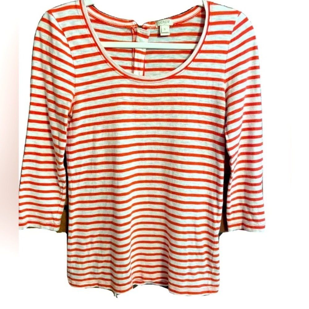 J. Crew Orange White Stripe Nautical 3/4 Sleeve Zip Back Tee Top